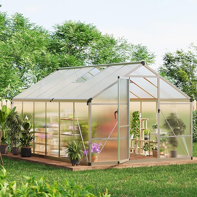 8X12 FT Greenhouse for Outdoors, Large Walk-in Polycarbonate Greenhouse Kit, Aluminum Frame, Lockable Door, Roof Vent, Ground Spikes, for Garden, Patio, Backyard, Outdoor Plant Growth