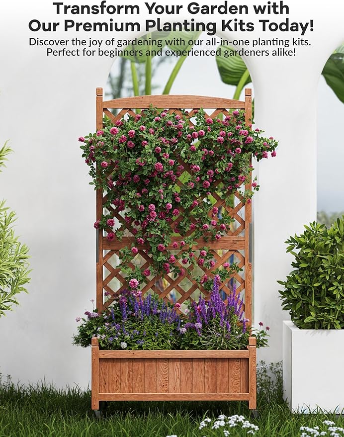 1 PCS Wooden Planter Box with Trellis, 29.5x13x61.5 in – Elevated Raised Garden Bed with Drainage Holes & Locking Wheels – Perfect for Outdoor, Balcony, or Indoor Gardening – Quick Assembly