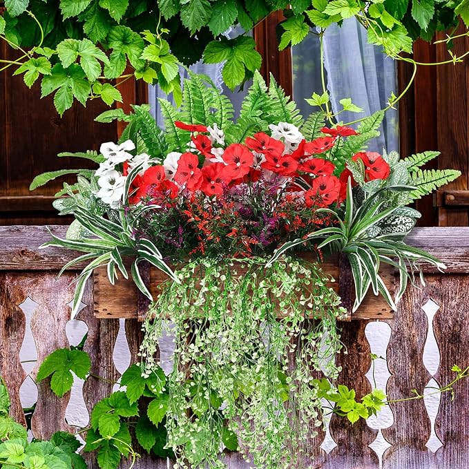 24 Pcs Outdoor Artificial Plants UV Resistant Faux Plant Fake Greenery Stems Faux Shrubs Flower for Outside Hanging Front Porch Patio Garden Window Box Home Wedding Summer Spring Decor(Green Red)