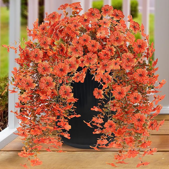 Artificial Fake Hanging Flowers Fall Plants for Outdoor Outside Autumn Decoration 2PCS Faux Silk UV Resistant Realistic with Eucalyptus for Home Thanksgiving Harvest Porch Patio Balcony(Fall Orange)