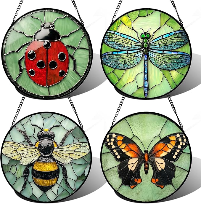 AMDERVEN Stained Glass Window Hanging 4 Pcs Set Butterfly Dragonfly Bee Ladybug Large 11.8" - Suncatcher Door Garden Sun Catcher Decor Birthday Mother's Day for Mom Woman Nana Men