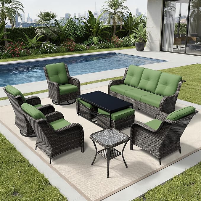 Joyside 9 Piece Wicker Patio Furniture Set, Outdoor Swivel Rocker Patio Chairs with High Back, Deep Seating, Wide Armrest, Thickened Cushions, Outdoor Furniture for Deck, Porch Use