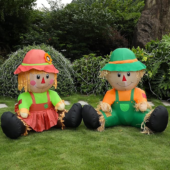 Lulu Home Fall Inflatable Decoration, 3.3FT Air Blown Scarecrow Couples with Built-in LED Lights for Harvest Indoor Outdoor Front Door Yard Lawn Garden Thanksgiving Decor, Set of 2