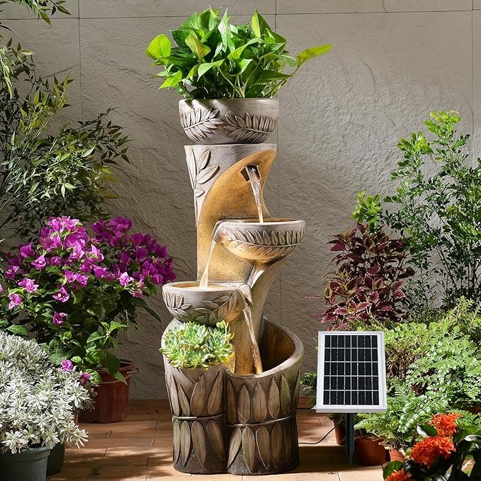 35.6" Solar Outdoor Water Fountain - Relief Leaf Design 4 Tiers Modern Cascading Bowls and Garden Fountains with Lights for Patio, Deck, Porch, Lawns, Backyard and Home Art Decor