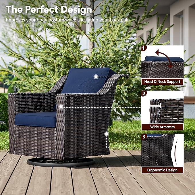 Wicker Patio Swivel Chairs, Outdoor Rocking Chair with Wide Armrest, Thickened Cushions, Patio Rattan Furniture for Deck, Porch Use