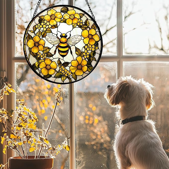 Stained Glass Window Hanging - Yellow Flowers Surrounded by Bees Sun Catcher for Door Garden Home Decor Cute Suncatcher Christmas Mother's Day Birthday Gifts for Women Men Mom Nana 6.3 in