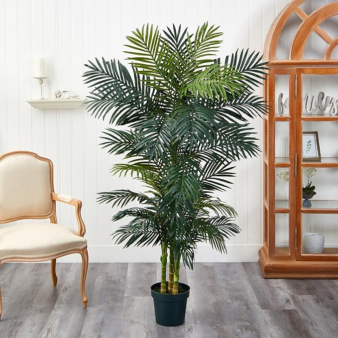 Nearly Natural 6.5ft Artificial Golden Cane Palm Tree, Lifelike Silk Indoor Palm With Three Textured Trunks Flexible Fronds Nursery Planter, Low Maintenance
