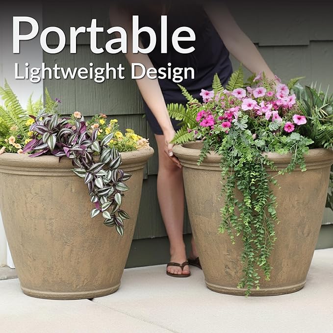 Sunnydaze 24-Inch Anjelica Large Plastic Pot for Plants - Double-Walled Outdoor Polyresin Round Planter Porch Pot with Drillable Drainage Holes - Beige