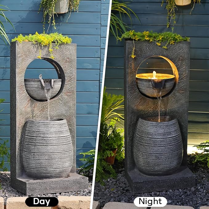 37.4’’ Tall Water Fountain Outdoor Modern Garden Fountains Layered Bowl Waterfall with LED Lights Top Planter Area for Garden, Patio, Yard, Office, Porch Home Art Decor