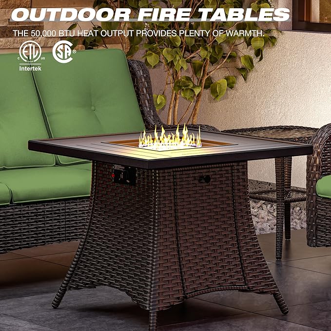 Joyside 3 Piece Wicker Patio Furniture Set with Fire Pit Table, Rattan Patio Chairs with High Back, Deep Seating, Wide Armrest, Thickened Cushions, Outdoor Furniture for Deck, Porch Use