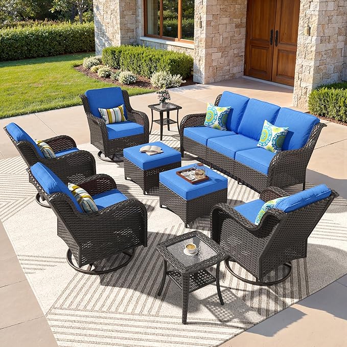 ovios 9 Pieces Patio Furniture Set, Outdoor Wicker Sofa Couch with Swivel Chairs Ottomans Comfy Cushions, High Back Modern All Weather Conversation Sets, Brown Rattan, Navy Blue