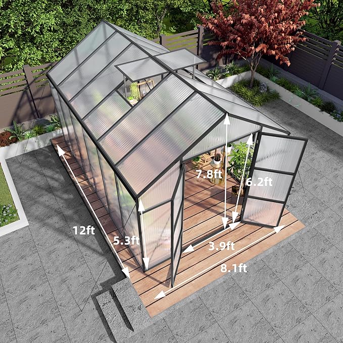 8x12T Greenhouse,Outdoor Polycarbonate Greenhouse with Roof Vent & Drainage System,Heavy Duty Aluminum Walk-in Green Houses for Outside Garden Backyard,Easy Assembly,Black