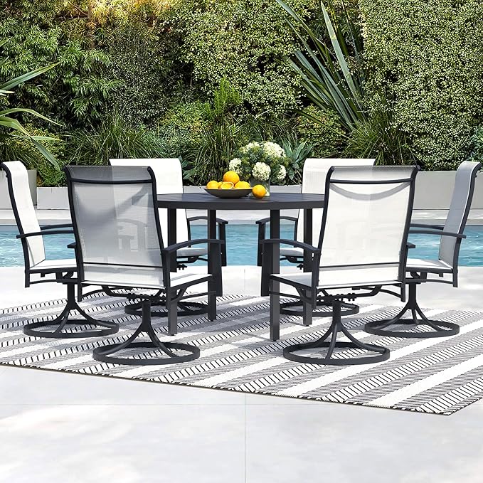 7 Pieces Outdoor Table and Chairs for 6, 47" Black Round Table with 6 Oyster Beige Swivel Chairs, Patio Set with Swivel Chair, Garden Tables for Outdoor, Patio Dining Set for Lawn Backyard Poolside