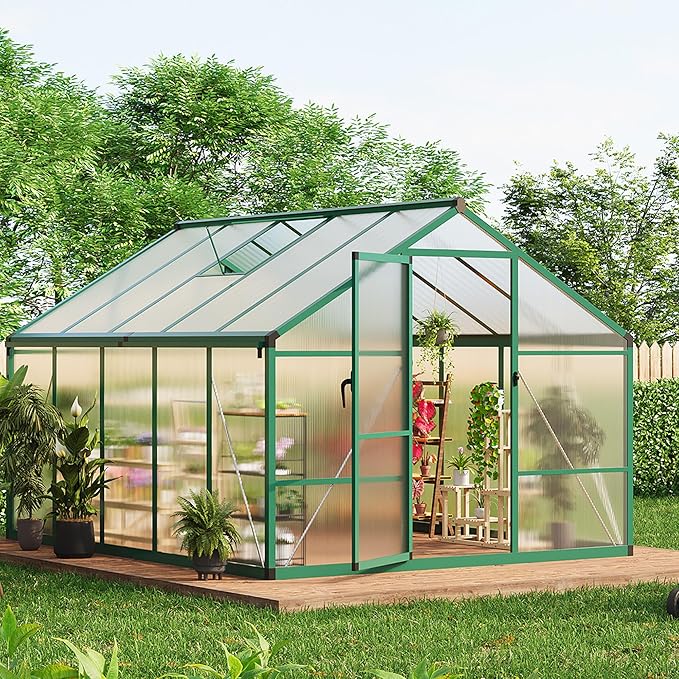 8X10FT Outdoor Greenhouse, Aluminum Polycarbonate House, Green Houses for Outside with Sliding Doors, Ajustable Roof Vent, Withstands Bad Weather for Garden, or Backyard, Green