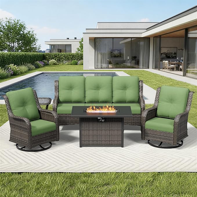 Joyside 5 Piece Wicker Patio Furniture Set with Fire Pit Table, Outdoor Swivel Rocker Patio Chairs with High Back, Deep Seating, Wide Armrest, Thickened Cushions, Outdoor Furniture for Deck, Porch Use