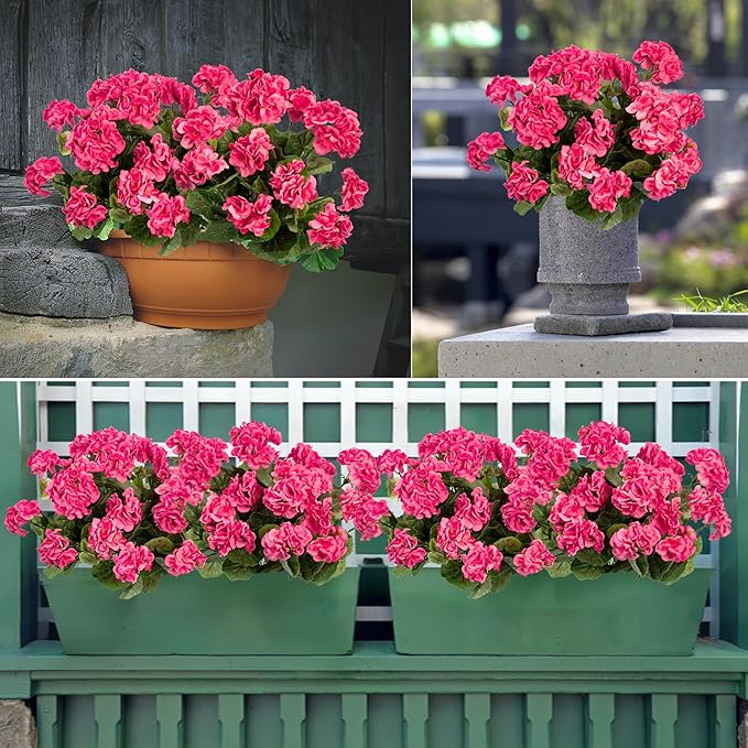 Uqueeten 4pcs Fake Flower Artificial Geranium,Artificial Flowers for Outdoors, Geraniums Artificial Flowers Realistic,Artificial Geraniums for Outdoors Fake Plant Decoration 14.4"(Rose Red)