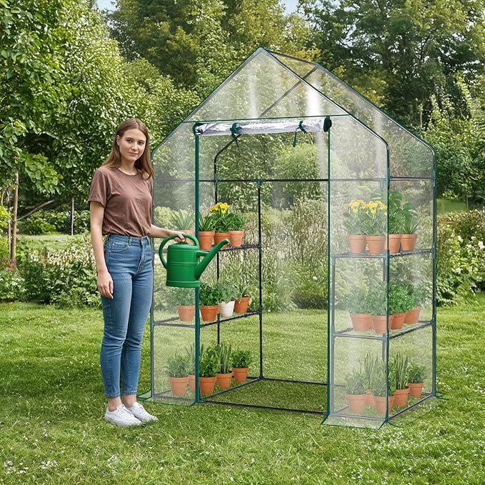 Outvita Walk-in Greenhouse, Outdoor Durable PVC Plant Green House for Frost Protection with 3 Tiers 4 Shelves, Shelf Clips, Roll-up Zipper Door, 56"x29"x77" Transparent