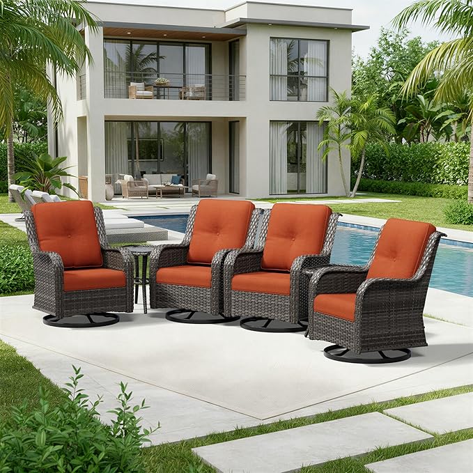 Joyside 6 Piece Wicker Patio Furniture Set, Outdoor Swivel Rocker Patio Chairs with High Back, Deep Seating, Wide Armrest, Thickened Cushions, Outdoor Furniture for Deck, Porch Use