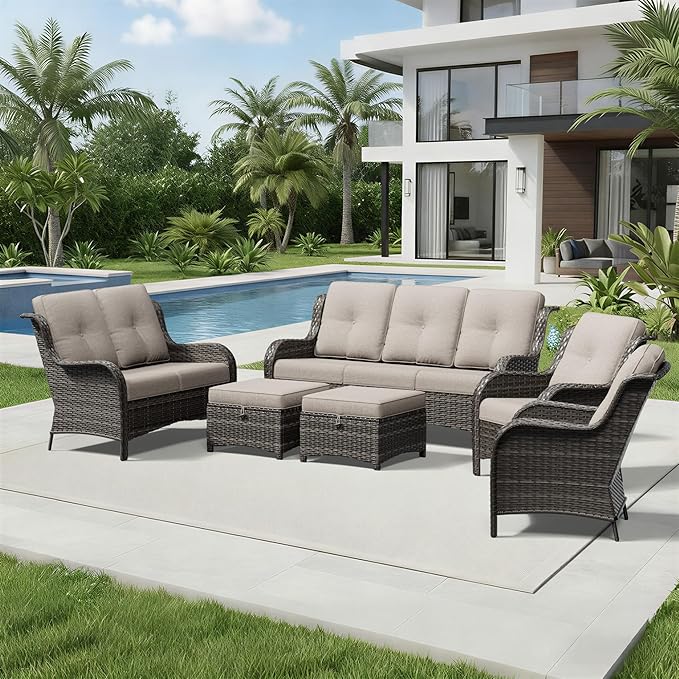 Joyside 6 Piece Wicker Patio Furniture Set, Rattan Patio Chairs with High Back, Deep Seating, Wide Armrest, Thickened Cushions, Outdoor Furniture for Deck, Porch Use