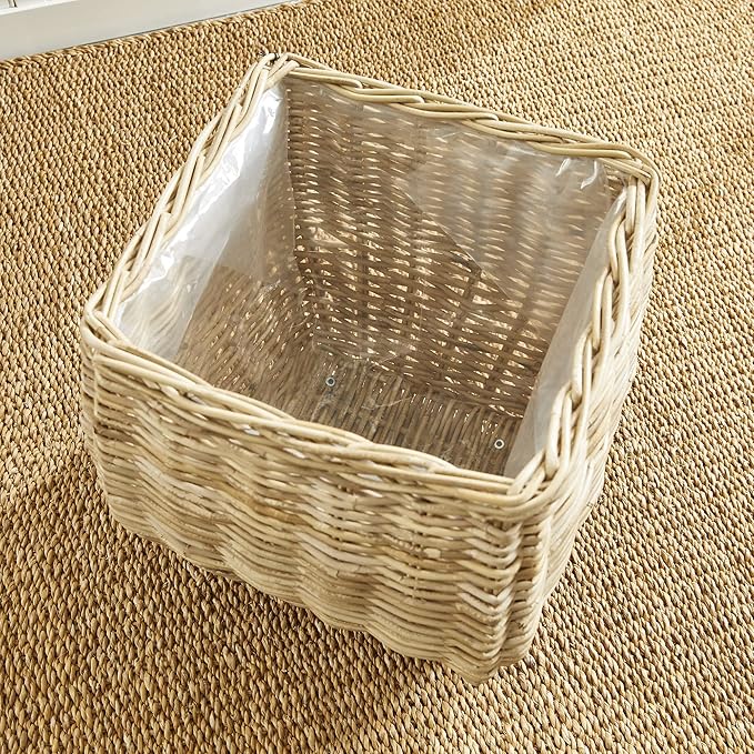 MY SWANKY HOME Elegant Curved Square Natural Rattan Planters with Liners Floor Baskets