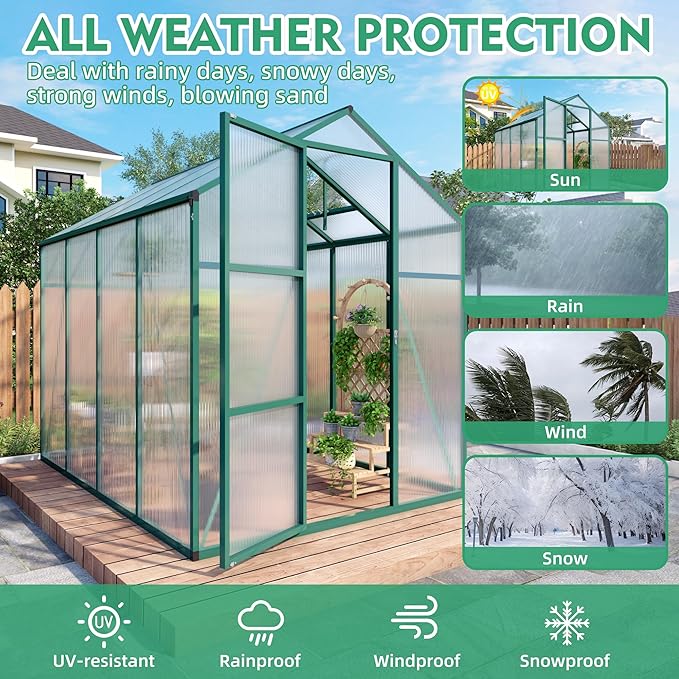 6x8 FT Greenhouse,Outdoor Polycarbonate Greenhouse with Roof Vent & Integrated Gutters,Aluminum Walk-in Green House W/ Reinforced Frame for Outside Garden Backyard,Green