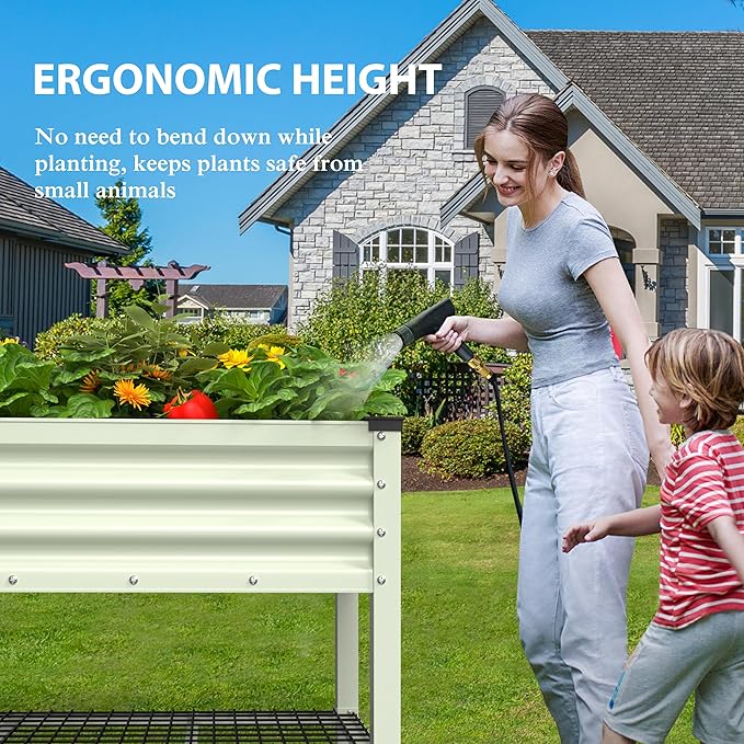BlueWish 48"W x 24"D x 34"H Outdoor Galvanized Garden Bed, Elevate Raised Bedwith Detachable Black Liner, Rolling Casters, Storage Shelf, Movable Planter Boxes for Gardening, Vegetable, Flower, Beige