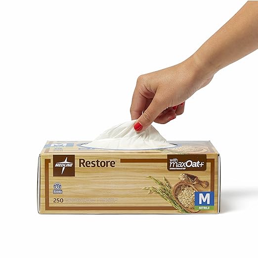 Medline Restore Nitrile Exam Gloves, 250 Count, Large, Powder Free, Disposable, Colloidal Oatmeal to Soothe Hands, Strong, Tear Resistant for Medical Tasks, Household Chores and More, Off-white