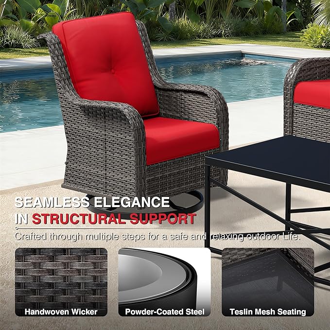 Joyside 5 Piece Wicker Patio Furniture Set, Outdoor Swivel Rocker Patio Chairs with High Back, Deep Seating, Wide Armrest, Thickened Cushions, Outdoor Furniture for Deck, Porch Use