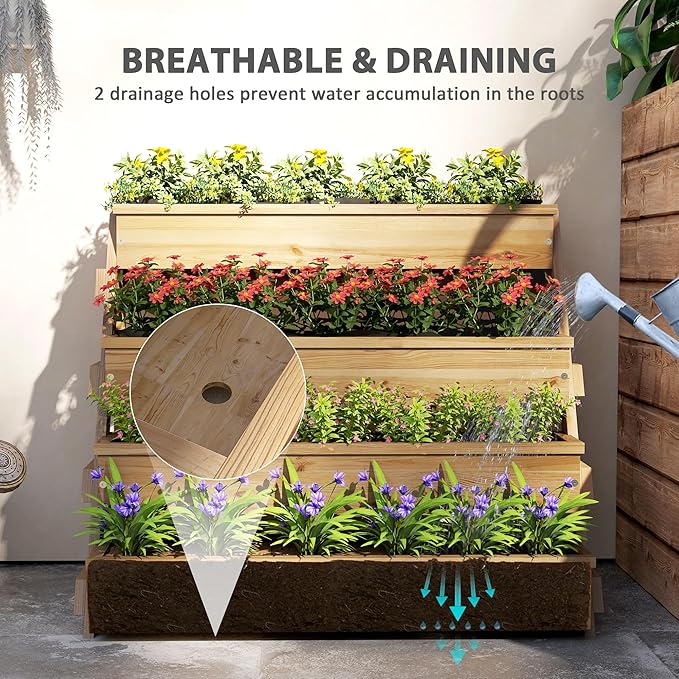 Outsunny 4 Tier Raised Garden Bed with Drainage Holes, Vertical Wooden Planter Box Freestanding Garden Bed with Bed Liner, Outdoor Planter Box for Garden, Patio, Balcony