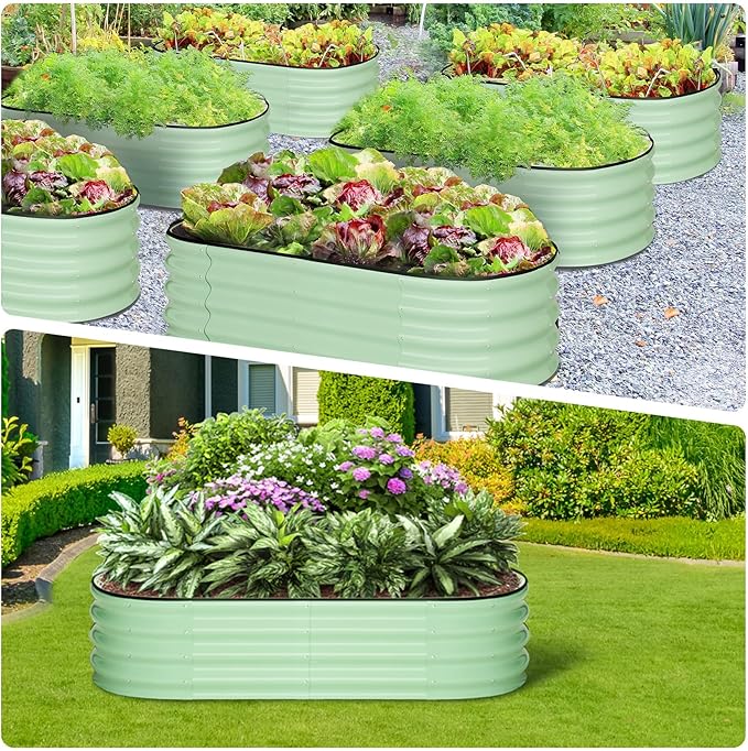 2 Pcs 4.5x2x1.5ft Oval Galvanized Raised Garden Beds, Metal Planter Boxes with Open Base, Tool-Free Assembly for Vegetables, Flowers, Herbs - Outdoor & Patio Use, Green