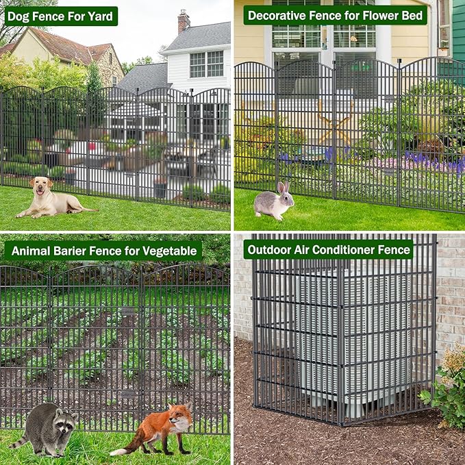 10 Panels No Dig Decorative Garden Fence with Gate - 48 in (H) x 26 ft (L), Dog Fence Outdoor for Yard, Rustproof Metal Animal Barrier Ground Stakes Fencing for Garden, Patio, Flower Bed