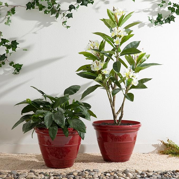 Glitzhome 15.5" D Large Flower Pots, Set of 2 Tall Planters for Outdoor Plants with Drainage Holes,Red Faux Ceramic Finish,Round Plastic Tall Flower Pots for Garden, Patio, Porch or Indoor Use