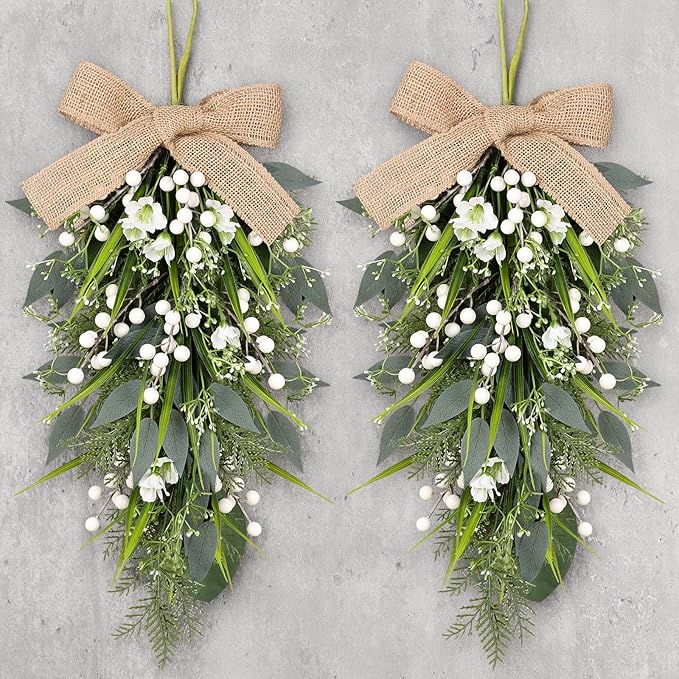 2 Pcs 24" Artificial White Flower Teardrop Wreaths Swag Spring Summer Berries Swags Wreath White Floral Hanging Wreaths for Kitchen Cabinet Doors Window Wall Wedding Party Home Decor