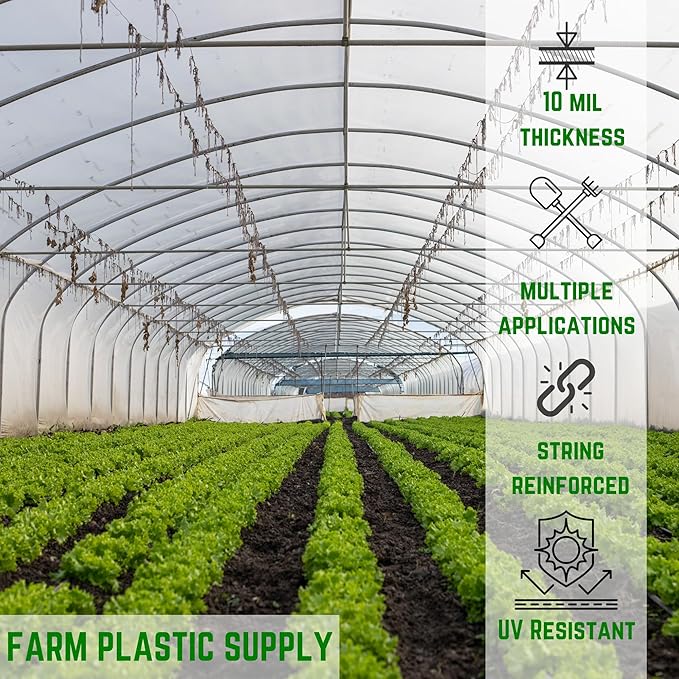 Farm Plastic Supply - String Reinforced 4 Year UV Resistant 10 mil Clear Greenhouse Plastic Sheeting - 4 Year UV Resistant Polyethylene Greenhouse Film, Hoop House Green House Cover (60' x 50')