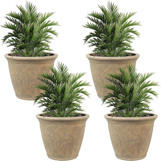 Sunnydaze 24-Inch Anjelica Large Plastic Pot for Plants - Double-Walled Outdoor Polyresin Round Planter Porch Pot with Drillable Drainage Holes - Beige - 4pk