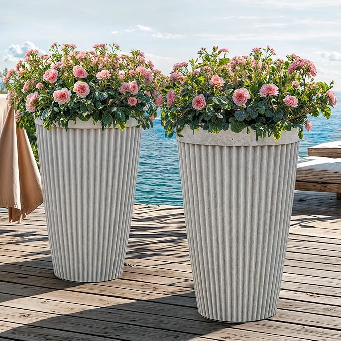 Autodaya 20" Tall Planters Set of 2, High-Density Resin Fluted Outdoor Pots for Plants, Versatile Indoor/Outdoor Flower Pots w/Drainage Holes for Patio, Garden, Porch & Living Room Decor, Ideal Gift