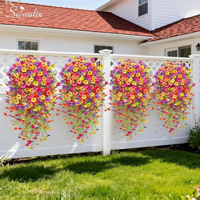 Serwalin 6PCS Artificial Fall Flowers for Outdoors Decoration, Realistic Silk Artificial Fall Hanging Flowers for Patio, Garden, Porch, Window, Outside (Yellow, Hot Pink, Purple &Orange,6PCS)