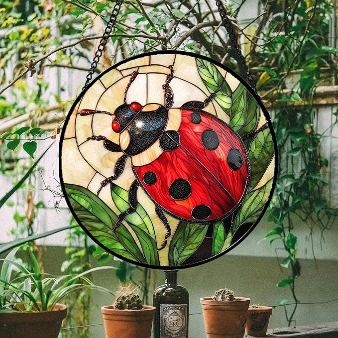 AMDERVEN Stained Glass Window Hanging - Red Seven-Spotted Ladybug Sun Catcher for Door Home Decor Insect Suncatcher Christmas Mother's Day Birthday Gifts for Women Men Mom Nana 7.8 in