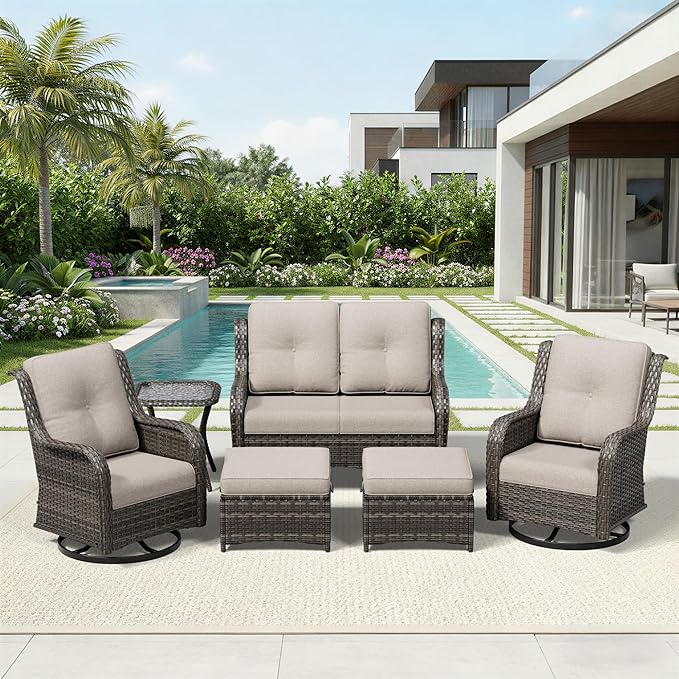 Joyside 6 Piece Wicker Patio Furniture Set, Outdoor Swivel Rocker Patio Chairs with High Back, Deep Seating, Wide Armrest, Thickened Cushions, Outdoor Furniture for Deck, Porch Use