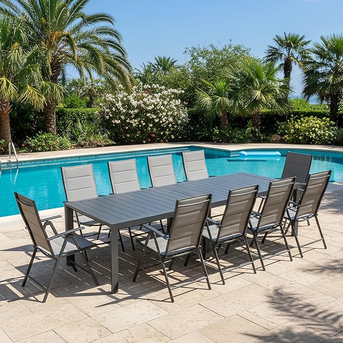 PURPLE LEAF 11 Pieces Outdoor Patio Dining Set with 10 Soft Cotton-Padded Folding Portable Chairs and 1 Large Rectangle Dining Aluminum Table, Ldeal for Pergola Pavilion Poolside, Grey