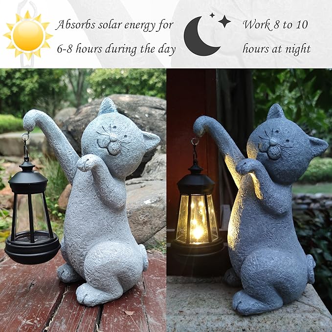 Qobumy Cat Solar Garden Statues,Resin Cat Figurine Decorations with Solar Lights Lantern, Outdoor Figurines Lawn Cats Statue Decor Art for Lawn,Yard, Balcony Ornament,Gift for Garden Home Mom.