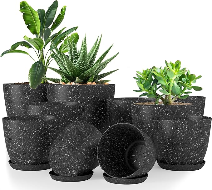 Utopia Home - Spotty Plant Pots Indoor with Drainage - 7/6.6/6/5.3/4.8 Inches Flower Pots - 5 Pack Plastic Planters - Ideal for Stocking Stuffers - (Speckled Black, Pack of 10)