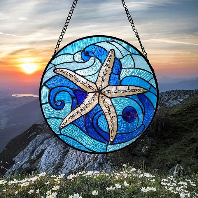 DASTOLL Stained Glass Window Hanging 4 Pcs Set Blue Ocean Waves 9.8" - Starfish Crab Seal Suncatcher Door Garden Sun Catcher Decor Birthday for Mom Woman Nana Men Friend