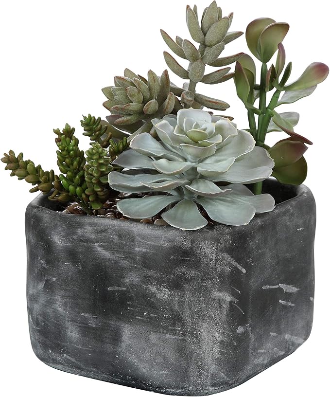 MY SWANKY HOME Contemporary Large Desert Succulent Faux Floral Charcoal Gray Concrete Planter
