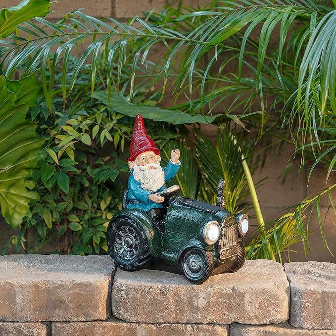 Alpine Corporation WQA1378SLR-GN Outdoor Garden Gnome Riding Green Tractor Solar Yard Statue Decoration with LED Lights, 10"