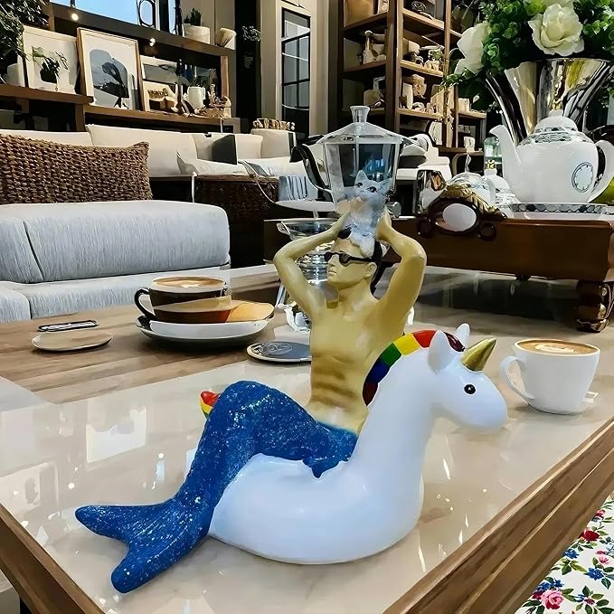 Funny Merman Statue-Sitting Unicorn Merman Figure Ornament -Great Home &Garden Sculpture for Decorate Swimming Pool/Pond/Planter Stands/Book Shelf/Corner Table, Christmas Unique Gifts