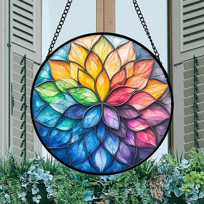 DASTOLL Stained Glass Window Hanging, Colorful Flower Petals Sun Catchers Diamond Glass Panel Hangings Suncatcher Decor for Birthday for Women, Men, Wife, Aunt, and Mom 14.9x14.9 in