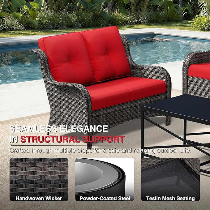 Joyside 6 Piece Wicker Patio Furniture Set, Outdoor Swivel Rocker Patio Chairs with High Back, Deep Seating, Wide Armrest, Thickened Cushions, Outdoor Furniture for Deck, Porch Use