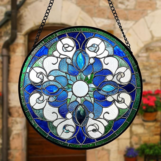 DASTOLL Stained Glass Window Hanging, Boho Style Sun Catchers Diamond Glass Panel Hangings Tiffany Suncatcher Decor for Birthday for Women, Men, Wife, Aunt, and Mom 6.3 in