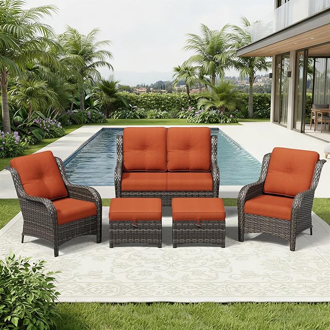 Joyside 5 Piece Wicker Patio Furniture Set, Rattan Patio Chairs with High Back, Deep Seating, Wide Armrest, Thickened Cushions, Outdoor Furniture for Deck, Porch Use